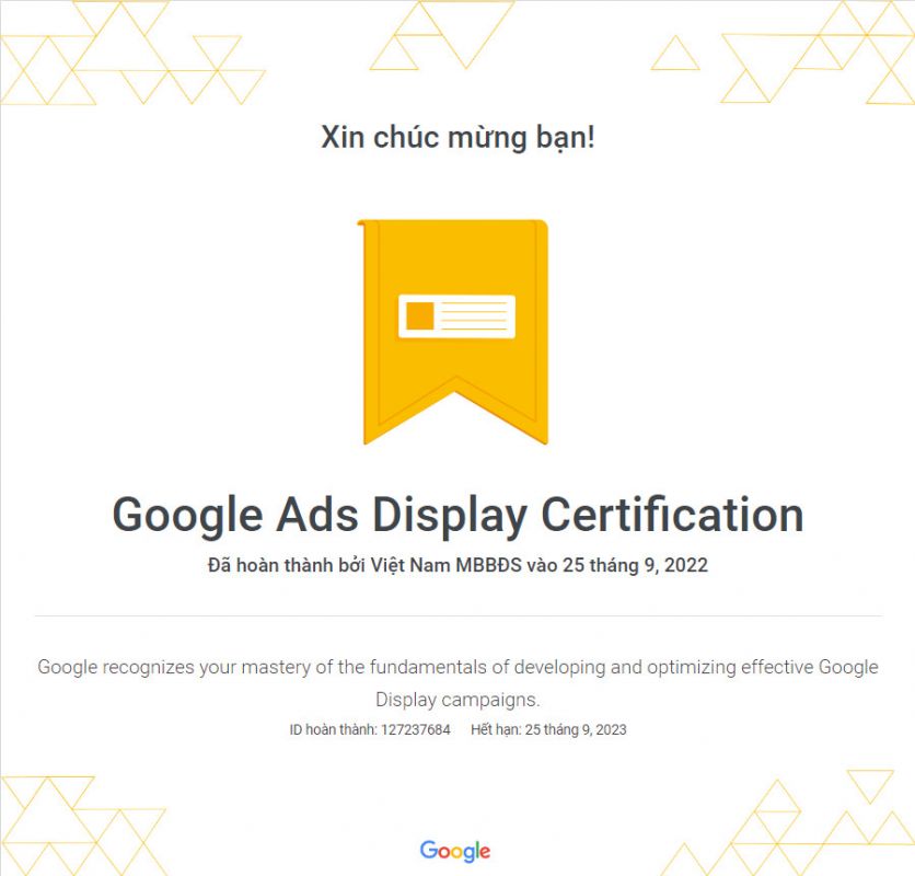Giấy chứng nhận Quảng cáo hiển thị hình ảnh Google Ads