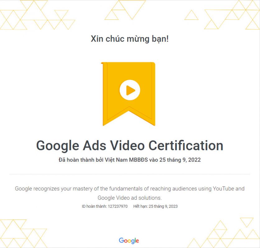 Giấy chứng nhận Quảng cáo video Google Ads