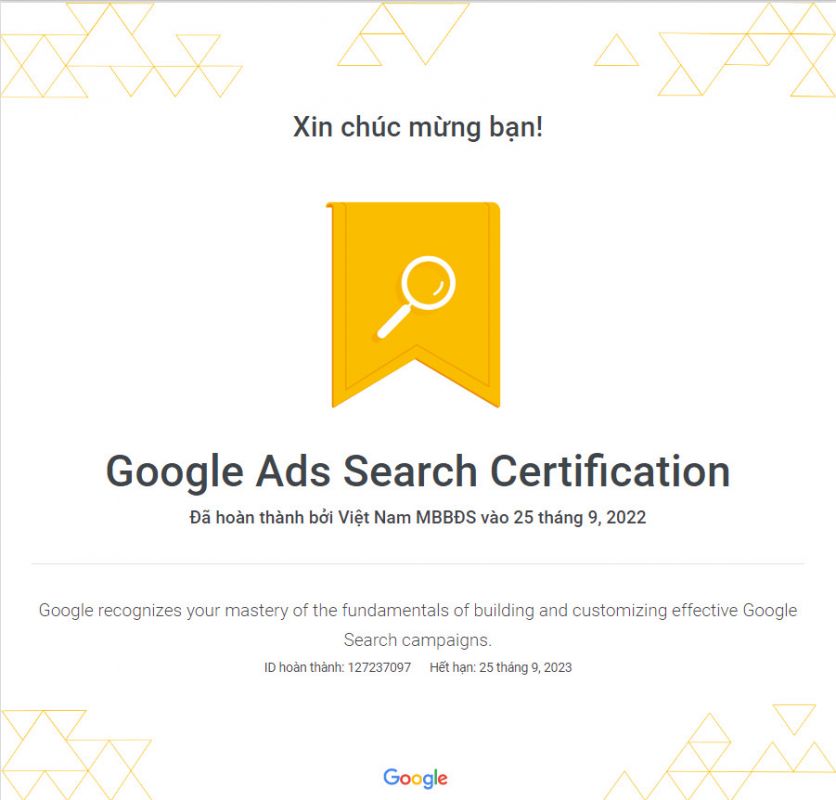 Giấy chứng nhận về Google Ads trên mạng Tìm kiếm